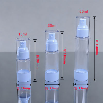 Botella pulverizadora sin aire de material AS transparente de lujo con forma redonda de 15 ml, 30 ml y 50 ml para cualquier propósito, salida de 0,23 CC